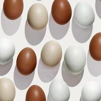 Top view Brown beige Eggs with shadows on light background, minimal trend food pattern from assorted natural Chicken egg with neutral color eggshells, Easter food concept, monochrome color photo