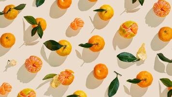 Set of Tangerines as minimal creative pattern, juice fresh orange yellow fruits with green leaves, banner. Citrus mandarines as still life food, trend flat lay, summer aesthetic photo