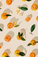 Fresh tangerines on beige background with sunlight shadows, minimal aesthetic citrus fruits as summer food pattern, healthy organic orange colored mandarin with green leaves top view, trend still life photo