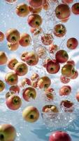 Juicy apples splashing into water, a refreshing burst of flavor and freshness. photo