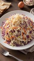 Colorful homemade coleslaw salad with cabbage and carrots. Served on a white plate with a fork, bread and an egg. photo