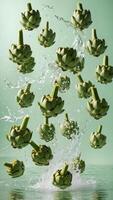Artichokes shower in a refreshing splash, their green forms suspended in mid-air as water droplets create an invigorating display of nature's bounty. photo