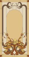 Stained glass panel in a rectangular frame, abstract floral arrangement of buds and leaves in the art Nouveau style. Decorative design of the window or door. vector