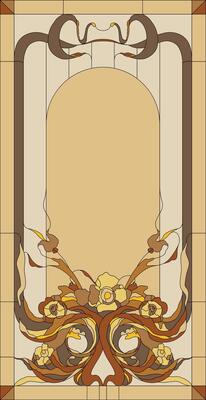 Stained glass panel in a rectangular frame, abstract floral arrangement of buds and leaves in the art Nouveau style. Decorative design of the window or door.