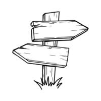 Wooden road signboards with grass in doodle style isolated on transparent background. Hand drawn lip art in sketch style. vector