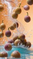 Fresh Maracuya fruits splashing into water, creating a vibrant and refreshing scene. photo