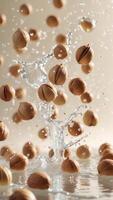 Fresh fruits splashing into water, creating a vibrant and refreshing scene. photo