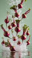 Beets splash in water, creating a vibrant, fresh scene. Their deep hues contrast with the clear water and a soft green background. photo