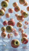 Fresh, juicy apples splashing into water, creating a vibrant and refreshing scene. photo