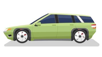 Concept illustration of green family car. with shadow of car on reflected from the ground below. Isolated white background. vector