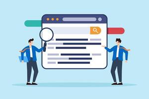 Flat illustration of business marketing team move website up in search ranking for better SEO performance vector