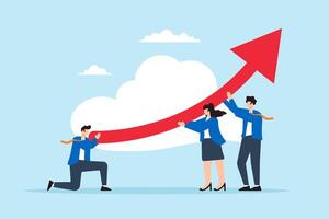 Flat illustration of business team help move arrow upward for business improvement and growth vector