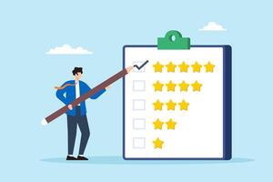 Flat illustration of businessman use pencil to give five star evaluation in feedback survey vector