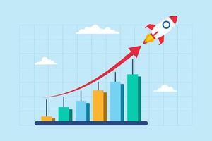 Flat illustration of financial graph with exponential arrow rise rocket flies symbolizing growth vector