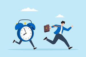 Flat illustration of frustrated businessman run in hurry from clock time symbolizing work late and deadline pressure vector
