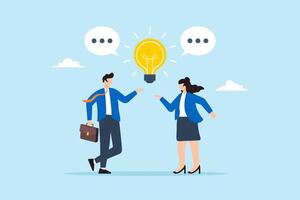 Flat illustration of coworker talk with lightbulb speech bubble communicating idea effectively vector