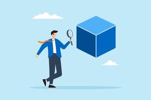 Flat illustration of smart businessman analyzes floating cube with magnifying glass symbolizing product research and case study vector