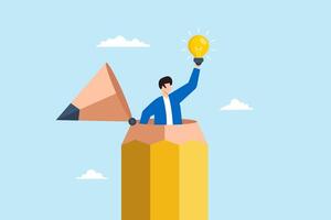 Flat illustration of young creative man open pencil top to discover new lightbulb idea vector