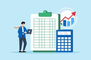 Flat illustration of accountant use calculator and spreadsheet to produce report for financial analysis vector