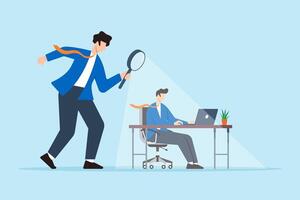Flat illustration of micromanaging boss toxic manager use magnifying glass to monitoring employee excessively vector