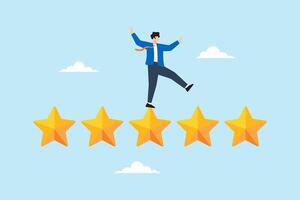 Flat illustration of businessman balance on five star rating for excellent performance review vector
