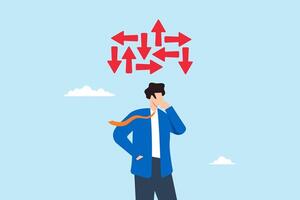 Flat illustration of businessman contemplate multiple path symbolizing decision making for right direction to success vector