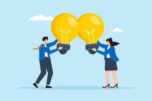 Flat illustration of businessman and businesswoman combine lightbulb together symbolizing synergy and collaborative idea vector