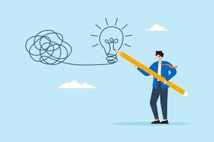 Flat illustration of businessman draw lightbulb from messy knot to simplify complex business problem vector