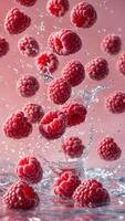 Juicy raspberries splashing into water, creating a vibrant, refreshing scene. photo