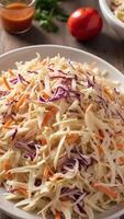 A bowl of creamy coleslaw with shredded cabbage, carrots, and red cabbage, sits on a wooden table, offering a refreshing side dish. photo