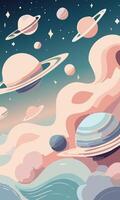 A vertical cosmic scene with planets and soft nebula clouds in muted vector