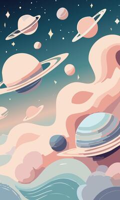 A vertical cosmic scene with planets and soft nebula clouds in muted