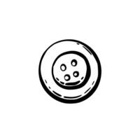 Button. Round sewing item with four hole. Hobby handicrafts and sewing object. Black outline hand drawing illustration. Clipart for handmade blog, product label, logo. Isolated from background vector