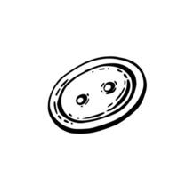 Round Button. Sewing item with two hole. Hobby handicrafts and sewing object. Black outline hand drawing illustration. Clipart for handmade blog, product label, logo. Isolated from background vector