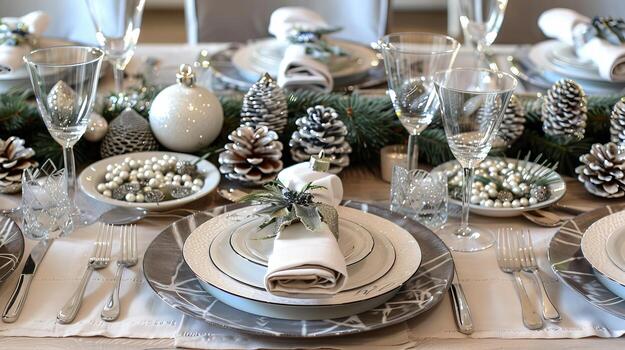 Elegant holiday table setting with pinecones and greenery photo