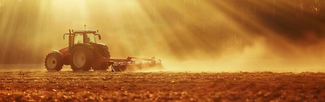 Tractor plowing field at sunrise with golden light and dust photo