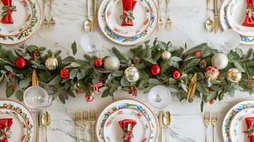 Elegant christmas table setting with festive decorations and greenery photo