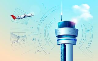 graphic of realistic air control tower showing air traffic controller interface with airplane futuristic technology vector
