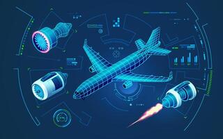 concept of aerospace engineering technology or aviation tech, graphic of airplane and aircraft engine with futuristic interface showing engine construction vector
