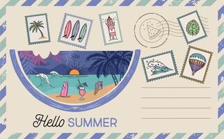 Postcard with palm and wave, mail, Hello summer, hand drawn. vector