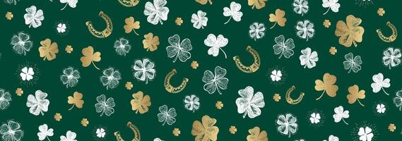 Clover pattern on green. Hand drawn illustrations, Patricks Day. vector