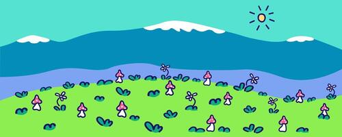 background with cute location with green hill and mountains vector