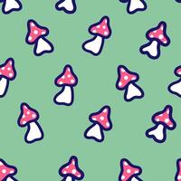 seamless pattern with doodle mushrooms on green back vector
