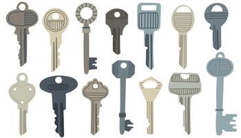 Set of keys in various shapes and sizes for unlocking doors, for security and home-themed designs.House, apartment or room locking accessories. vector