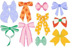 Set of various colorful bow designs in different shapes and ornament. Perfect for spring decoration, celebrations, weddings, and party designs. Hand drawn style. vector