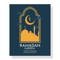 Modern minimalist Ramadan Kareem design. Greeting card, background. Ramadan Kareem greeting card. Window and arch with moon, mosque dome and lantern. Flat design illustration on background. vector
