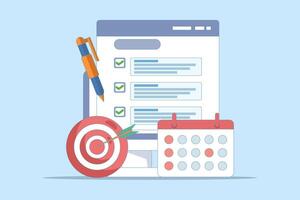achievement concept. list of goals or future actions on a device screen. arrow right on target and calendar near a smartphone. flat cartoon design illustration on a background. vector