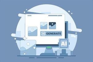 AI Image Maker Concept, Artificial intelligence generates image with command, AI tool inputs word command to become image. illustration background with icon vector