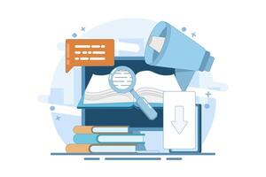 Concept of downloading e-books from the internet, reading e-books, marketing e-books for business promotion. E-book marketing campaign. Flat cartoon illustration on background. vector