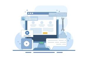 Content management system concept, website CMS, CMS development. Software used to create, manage and publish digital content. Cartoon design illustration with icons in the background. vector